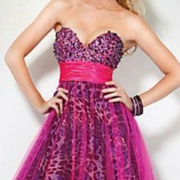 NEW JOVANI HOT PINK SEQUIN TULLE STRAPLESS ANIMAL PRINT EVENING GOWN - Picture 4 of 14